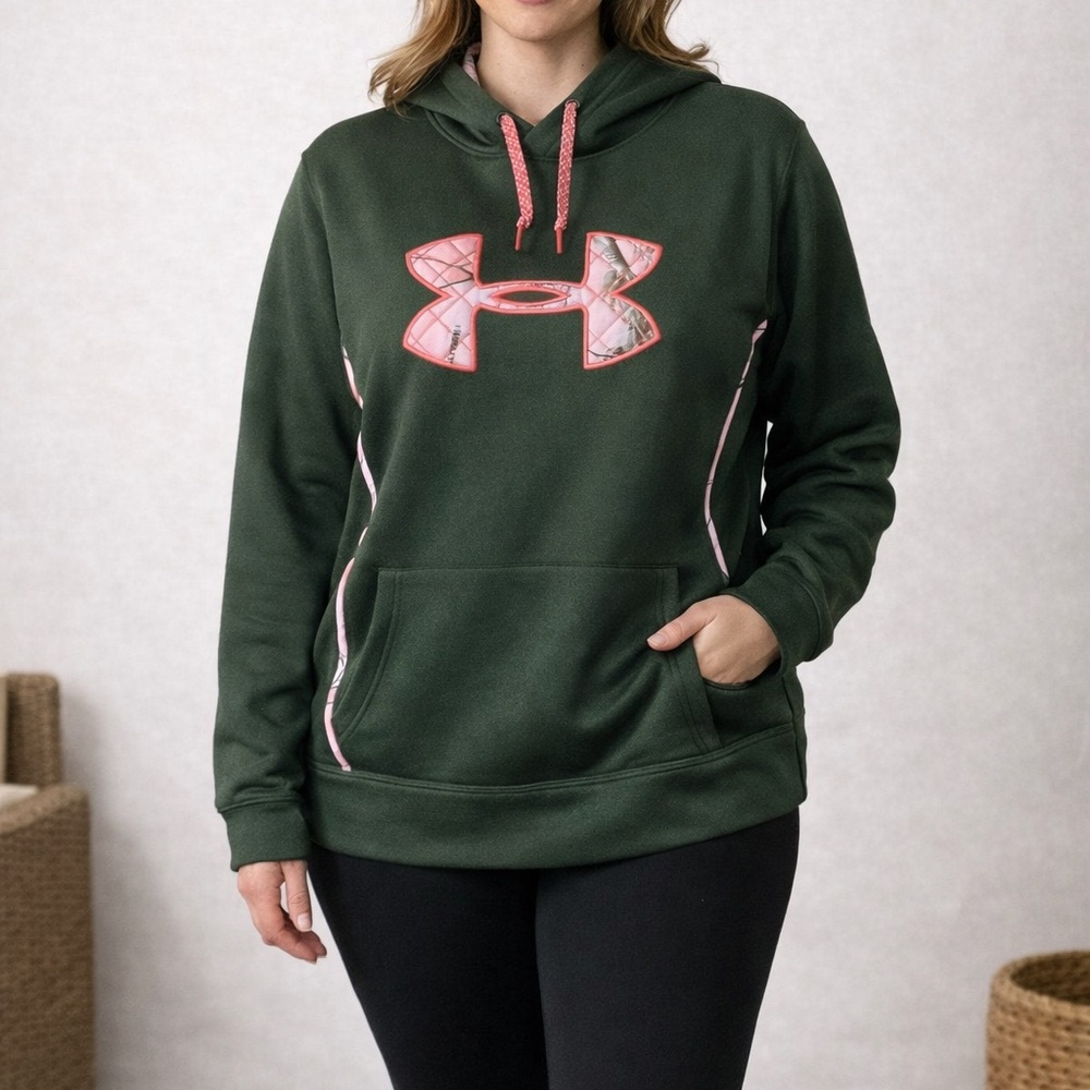 Under Armour Women's XL Hoodie Green Pink Camo Logo Semi Fitted Sweatshirt UA